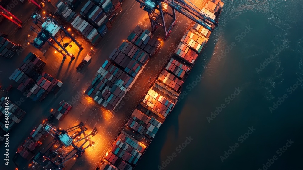 Poster aerial view of illuminated cargo containers at night in a busy port.