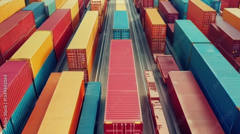 Poster Aerial view of colorful shipping containers in a large port.