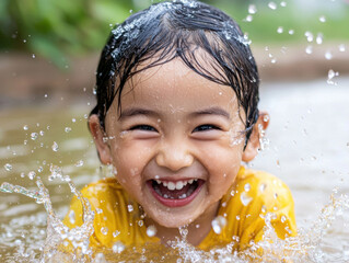 Fototapeta premium Joyful child splashing water in vibrant outdoor setting, capturing essence of fun and laughter
