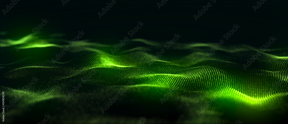 Poster dynamic green wave of particles and lines. abstract futuristic background. big data visualization. 3