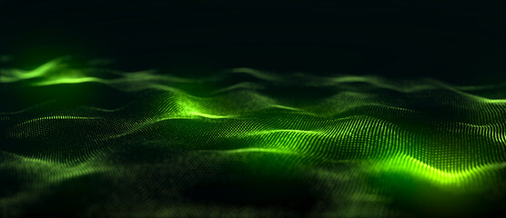 Dynamic green wave of particles and lines. Abstract futuristic background. Big data visualization. 3D rendering.