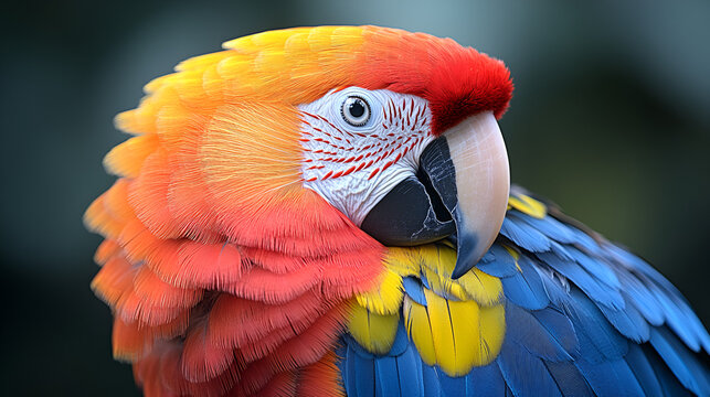 A vibrant scarlet macaw, a splash of tropical beauty, rests serenely, showcasing its magnificent plumage in rich reds, oranges, blues, and yellows against a softly blurred background.