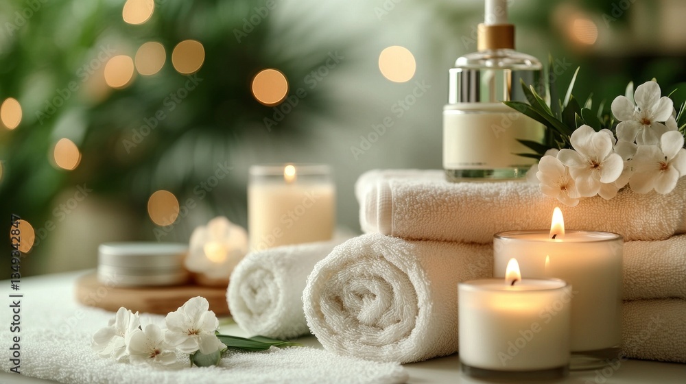 Poster soft towels are neatly stacked beside glowing candles and an elegant fragrance bottle, surrounded by