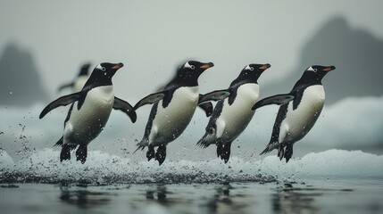 Fototapeta premium Synchronized splash: A flock of penguins joyfully leaping across icy waters