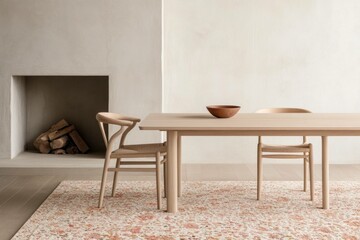 Minimalist dining room setup featuring a wooden table and chairs, designed for elegance with warm tones and a cozy atmosphere, perfect for modern interiors