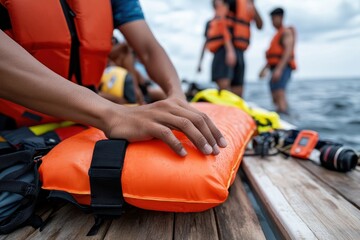 A close-up of a person's hand resting on a vibrant orange life jacket placed on a wooden dock, emphasizing safety in water activities and group dynamics under cloudy skies.