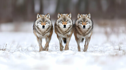 Obraz premium Three Wolves Walking In Snowy Forest