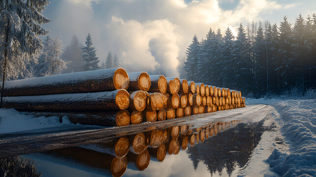 Winter's harvest: Neatly stacked logs glisten in the soft sunlight after a snowfall, reflecting in a frosty puddle beside a snow-covered forest road.