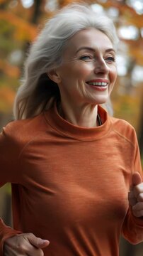 Elderly woman enjoys jogging in autumn forest with vibrant orange leaves and soft light during her morning exercise routine. Ideal for Social Media, Stories, Advertising