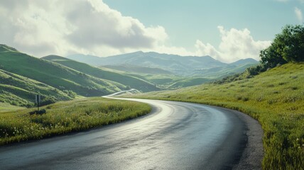 Aerial view showcasing scenic highway curving through verdant hills, revealing dramatic landscape beneath azure sky