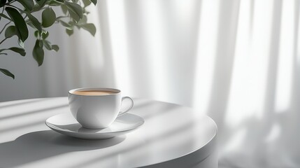 Sunny indoor scene, coffee cup on white table, plants, sunlight