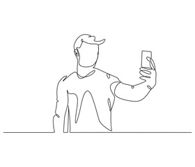 Continuous one line drawing of Man selfie with smartphone. Single line drawing illustration of man self photo. Influencer of social media concept vector art. Doodle line illustration.