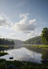 Obraz premium Serene Lakeside Forest Calm Water Lush Greenery Summer Sky