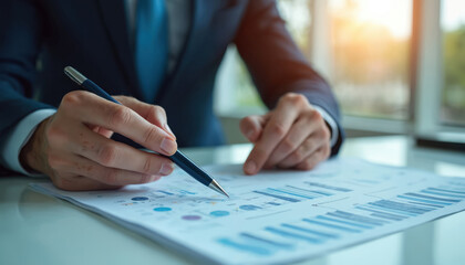 Fototapeta premium Business person working with financial report documents. Analyzing business statistics, charts, graphs, risk assessment, data for finance, economy, investment audit. Finance expert analyzing