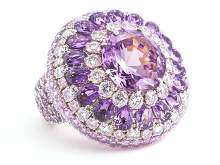Elegant Amethyst Ring Close-up with White Gemstones on White Background