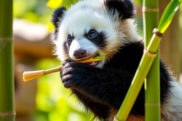 Fototapeta premium Adorable Baby Panda Sitting Peacefully in a Natural Habitat, Showcasing Its Fluffy Fur, Cute Expressions, and Playful Charm in a Serene Wildlife Setting