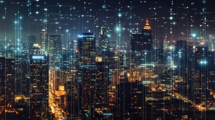 Obraz premium Cityscape at night with digital connections. High-angle view of illuminated buildings and streets, showing data flow. Suitable for technology, future, and urban themes