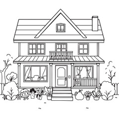 Continuous one black line art drawing family house vector home design illustration.