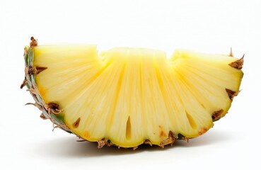Fresh pineapple slice against white background. Yellow juicy ripe tropical fruit cut in half ring shape. Healthy food, diet snack, vitamin source. Closeup.