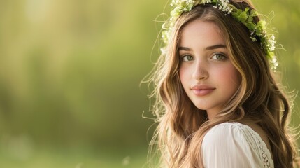 Naklejka premium Enchanting Girl With Leaf Crown In Spring Light