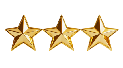 Golden stars, transparent, three golden stars used to rate customers and service users, three stars as a public rating indicator for a business.