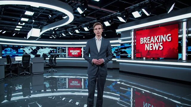 News Anchor Presenting Breaking News in Modern Studio  