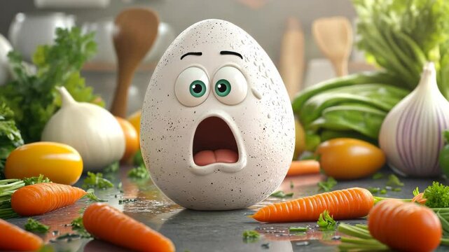 cartoon egg with an expressive face depicting surprise and sadness, scared egg in the kitchen