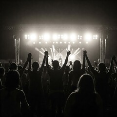 Fototapeta premium Silhouettes of unrecognizable people holding hands up and having fun during amazing music performance
