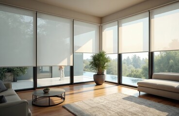 Fototapeta premium Interior of luxury living room. Motorized roller blinds, solar shades glass window. Modern furniture, decor. Home design with comfort, style. Bright, clean apartment. Real estate, modern architecture.
