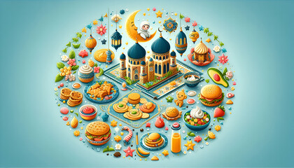 Islamic Food Fest Around a Beautiful Mosque in Digital Art
