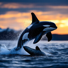 Obraz premium Orca whale jumping and hunting seal at sunset