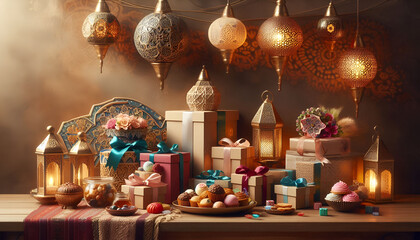 Elegant Ramadan Gift Table with Lanterns and Sweets