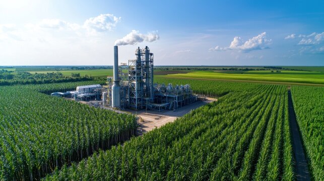Aerial view of industrial hemp processing plant amidst hemp fields