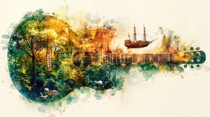 Obraz premium A stunning 3D watercolor illustration of a vivid forest landscape, seamlessly integrated into the shape of a guitar. The forest features twisted trees, lush foliage, 