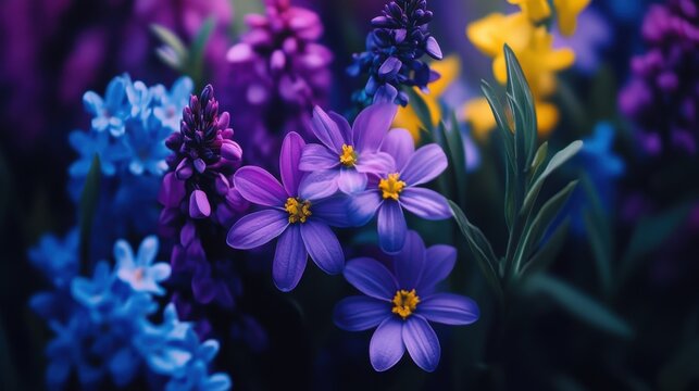 A close up shot of vibrant purple flowers with yellow centers in a garden setting outdoors