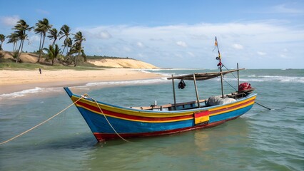 Fototapeta premium A colorful wooden fishing boat floats peacefully in calm waters under a clear blue sky near the coastline
