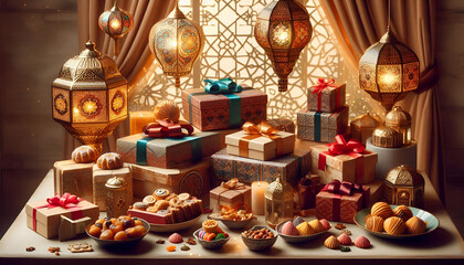 Eid Celebration Table with Gifts and Lanterns