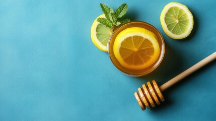Apple cider vinegar wellness and metabolism, A refreshing drink made with lemon slices, honey, and mint, set against a vibrant turquoise background.