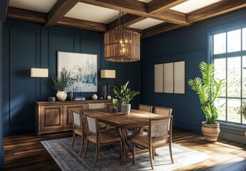 Fototapeta premium Rustic Chic Dining Room with Dark Blue Walls and Wooden Accents
