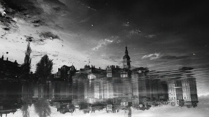 Fototapeta premium City reflected in still water, dramatic sky, urban architecture, tranquil scene, photo for stock