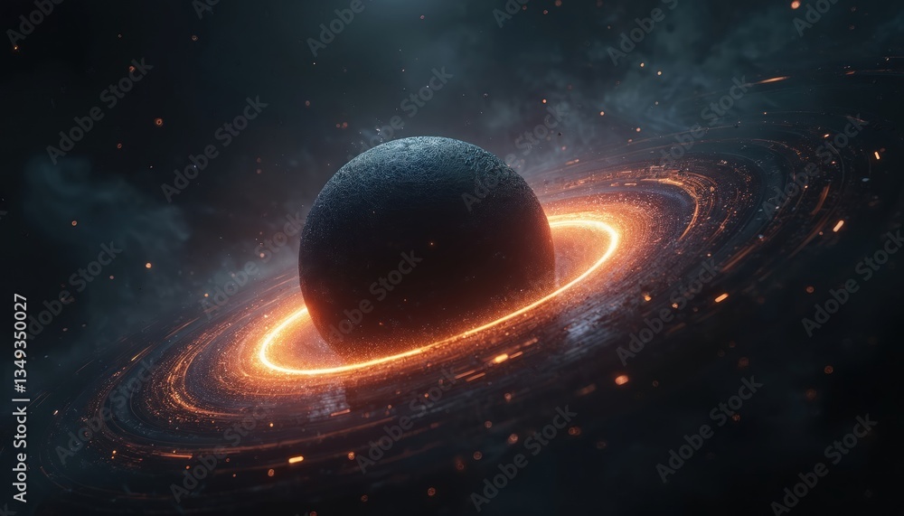 Poster Digital visualization of black hole with event horizon, rendered through abstract wireframe design. Cosmic, universe, vortex, singularity, swirl, curvature, gravity, theoretical pattern, energy, deep