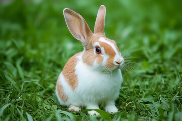 Fototapeta premium Cute Brown and White Rabbit Standing on Its Hind Legs in Green Grass in the Park