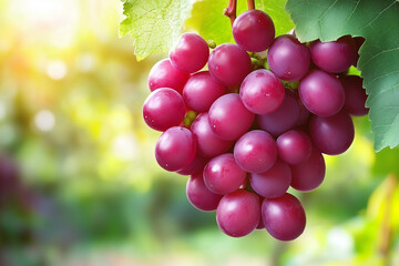 Fresh Cluster of Red Grapes Hanging from a Vine with Sunlight Shining Through Leaves