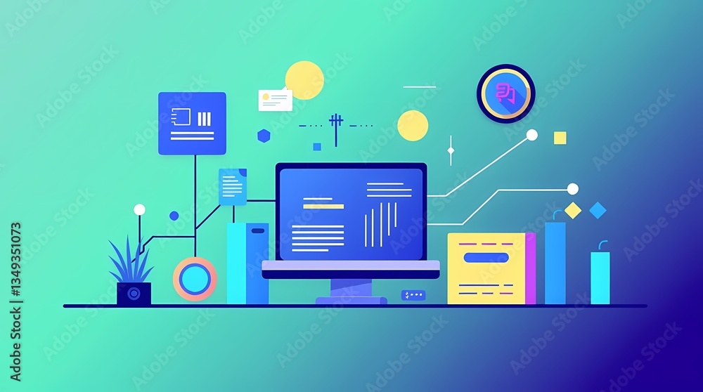 Poster digital workspace: a modern digital workspace, complete with laptop, data visualizations, and other 