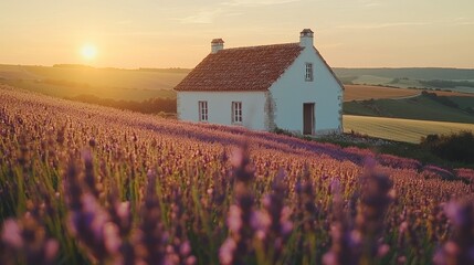Enchanting Lavender Field at Sunset with Idyllic Countryside Cottage