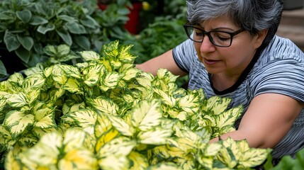 Obraz premium Mature Woman Examining Vibrant Variegated Plants