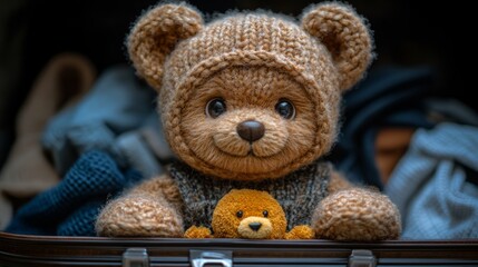 Obraz premium A teddy bear in a knit sweater sits in a suitcase, holding a tiny bear, exuding warmth and nostalgia
