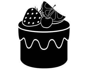 Cake with icing, cherry, lemon and strawberry, fruit pastry - vector silhouette for stencil, logo or pictogram. Sweet pastry cake