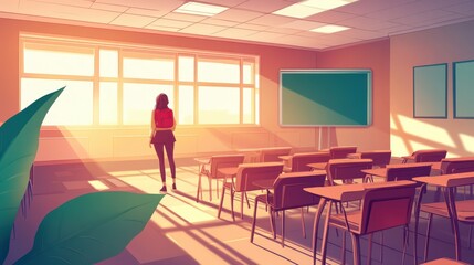 Girl with backpack stands in classroom looking out the window with desks and chalkboard present