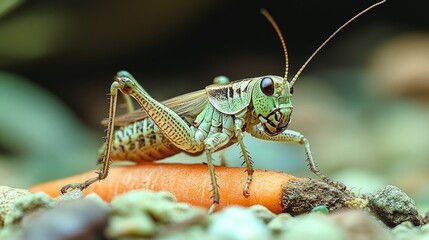 Fototapeta premium A grasshopper rests on a fresh carrot, showcasing its intricate features and vivid colors against a blur of greenery